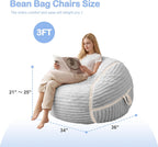 HABUTWAY Bean Bag Chair 3FT Big Bean Bag Chairs for Adults with Memory Foam Filled,3'Beanbag Chair with Soft Faux Fur Cover,Comfy Bean Bag Sofa for Classroom,Living Room,Bedroom-Light Grey&White