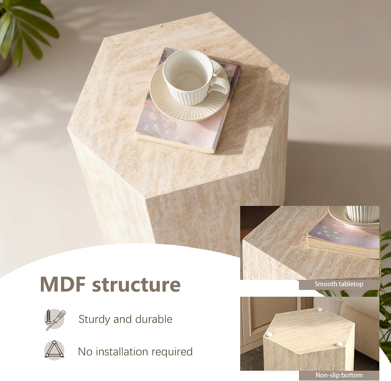 Hexagonal Side Table with 3 Anti-Slip Mat, Side Table Nightstand for Living Room, Bedroom,Sofa, 15.75" L x 13.58" W x 18.90" H, No Assembly Required,DSS