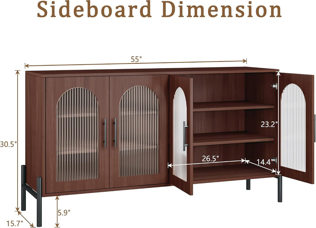 HUAHUU 55" Buffet Cabinet with Storage, Large Sideboard Cabinet with Fluted Doors & Adjustable Shelves, Modern Kitchen Storage Cabinets for Living Room, Entryway, Walnut