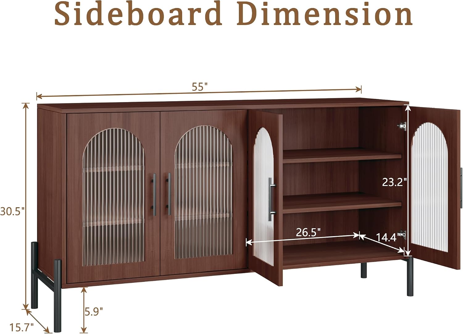HUAHUU 55" Buffet Cabinet with Storage, Large Sideboard Cabinet with Fluted Doors & Adjustable Shelves, Modern Kitchen Storage Cabinets for Living Room, Entryway, Walnut