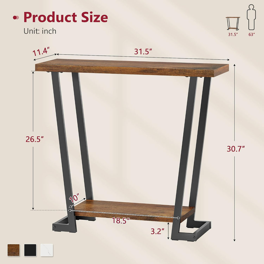 2 Tier Narrow Console Table, 31.5'' Entryway Table, Rustic Brown | Industrial Console Table with Storage, Thin Entryway Table for Foyer, Entrance, Hallway, Living Room, Corridor, Office