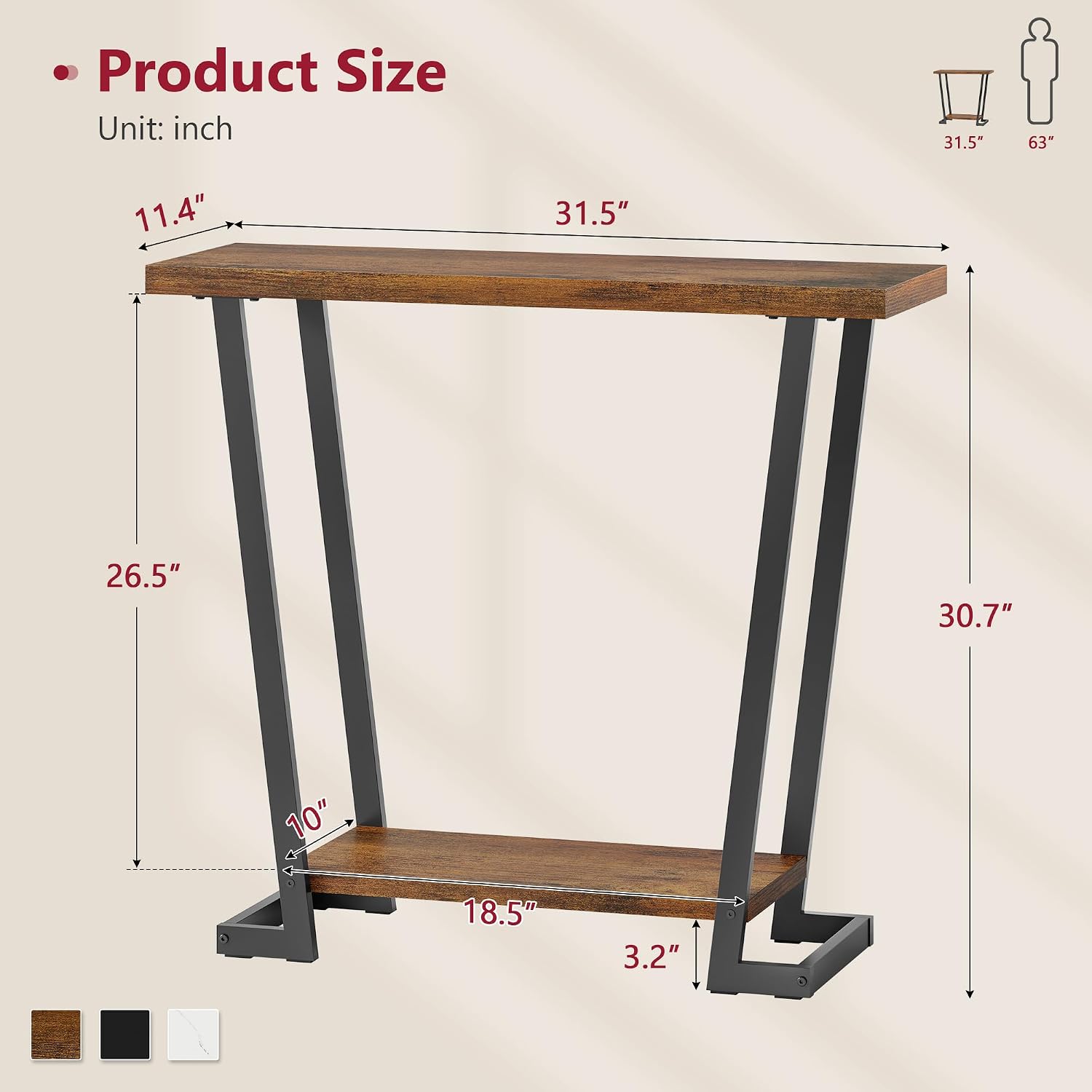 2 Tier Narrow Console Table, 31.5'' Entryway Table, Rustic Brown | Industrial Console Table with Storage, Thin Entryway Table for Foyer, Entrance, Hallway, Living Room, Corridor, Office