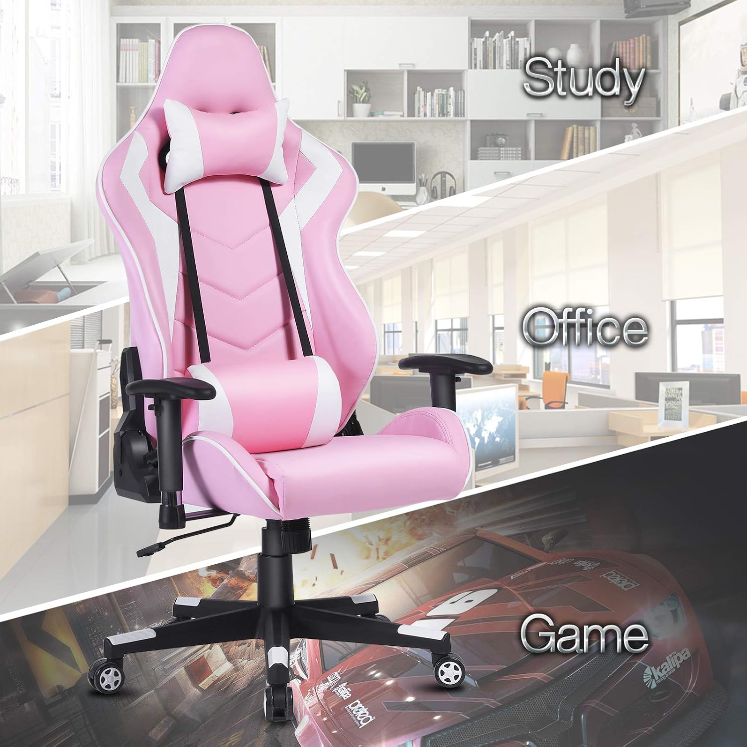 High-Back Swivel Gaming Chair Recliner Racing Style Ergonomic Office Desk Reclining Chair with Headrest and Lumbar Support, Pink White