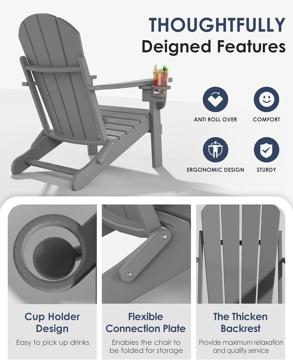 Folding Adirondack Chairs Set of 2, All-Weather Resistant HDPE Patio Firepit Chairs, Sturdy Outside Chairs with Cup Holder, Lawn Chairs, 80% Pre-Installed Load Capacity 385lb, Slate Grey