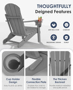 Folding Adirondack Chairs Set of 2, All-Weather Resistant HDPE Patio Firepit Chairs, Sturdy Outside Chairs with Cup Holder, Lawn Chairs, 80% Pre-Installed Load Capacity 385lb, Slate Grey