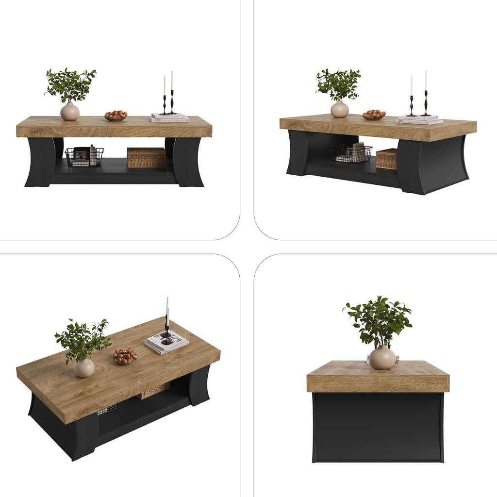 LITTLE TREE 55" Coffee Table, Living Room Table with Storage Shelf, Wooden Coffee Table, Modern Farmhouse Rectangle Center Table for Living Room, Bedroom, Office, Rustic Brown+Black