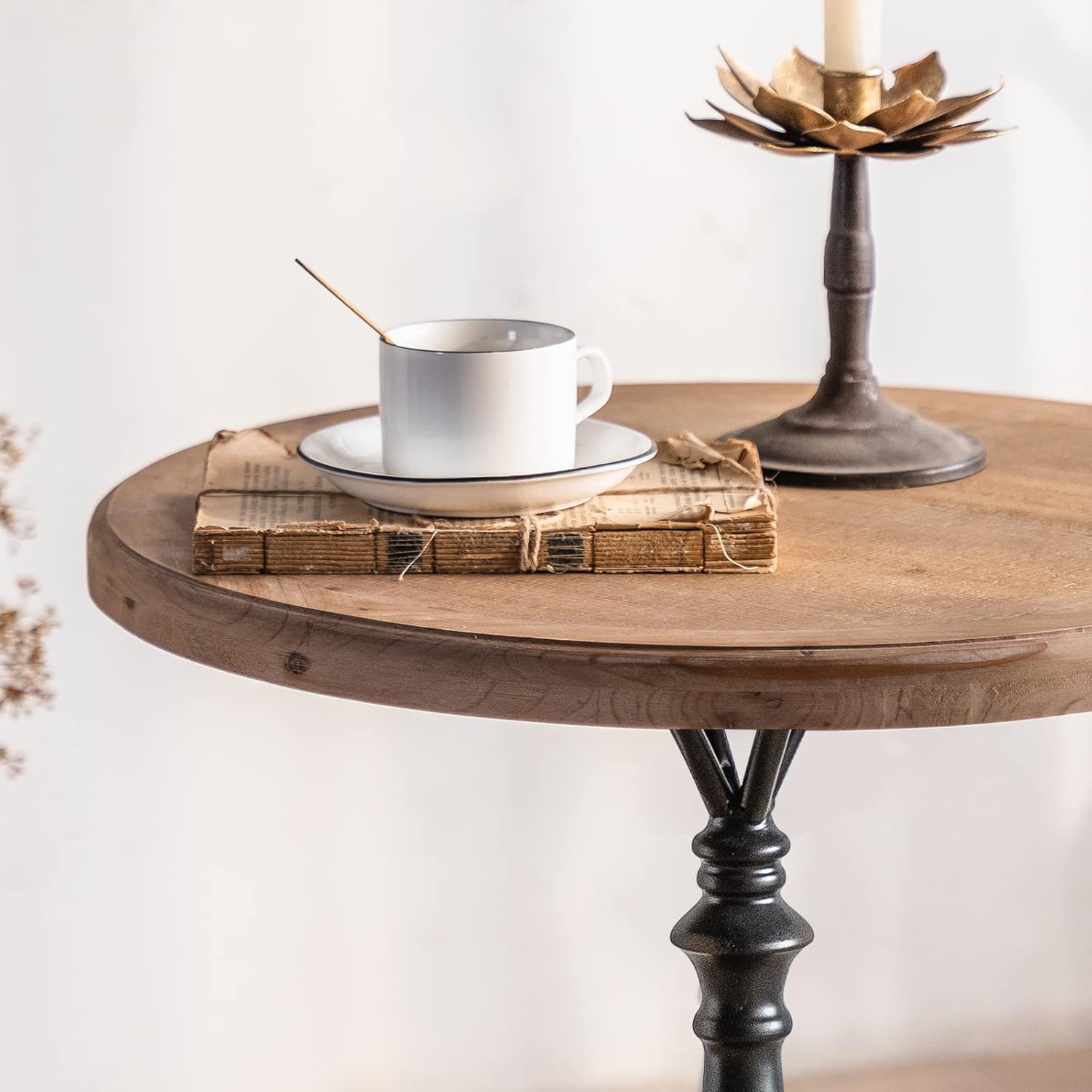 Round End Table Living Room, Vintage Side Table, Farmhouse Pedestal Table for Bedroom, Retro Wood Accent Tables for Home Decor, Patio Black