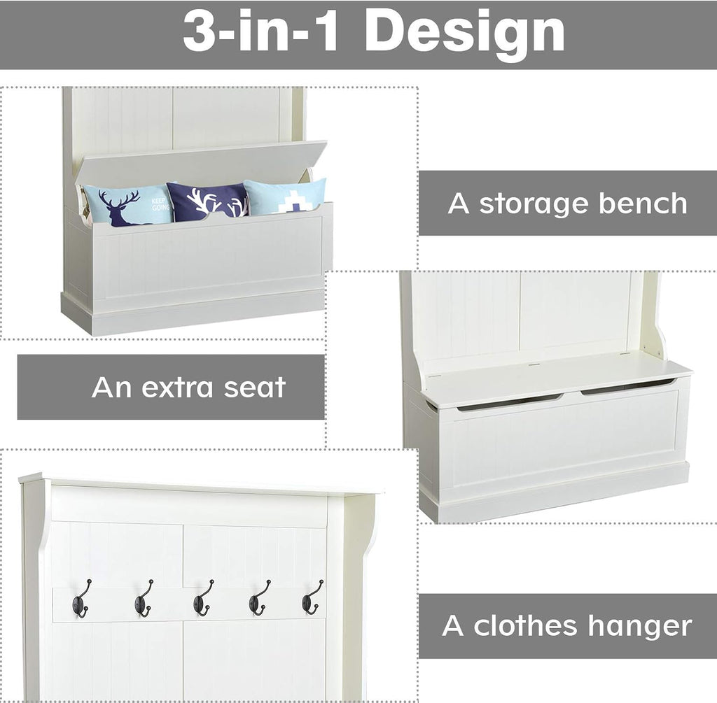 HOMCOM Hall Tree with Bench and Shoe Storage 3-in-1 Coat Rack Cream White | Slim Bench with Coat Rack, 4 Hooks, Flip Top Storage Compartment