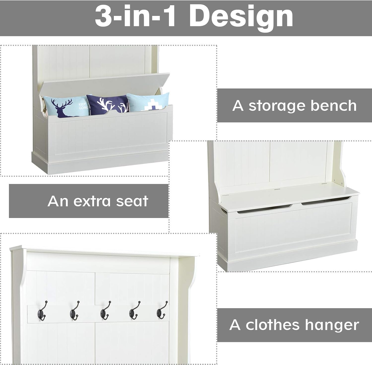 HOMCOM Hall Tree with Bench and Shoe Storage 3-in-1 Coat Rack Cream White | Slim Bench with Coat Rack, 4 Hooks, Flip Top Storage Compartment