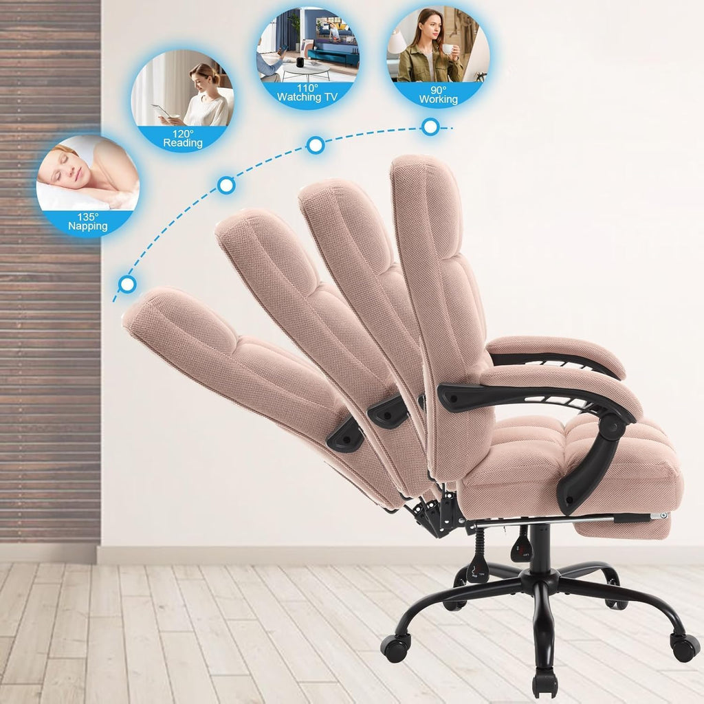 Erogonomic Reclining Office Chair with Footrest, High Back Fabric Cute Comfortable Recliner Office Desk Chair with Leg Foot Rest for Women,Pink