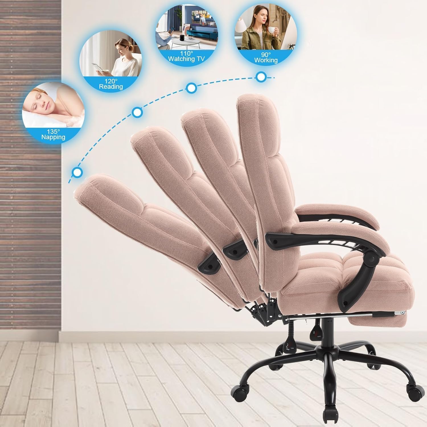 Erogonomic Reclining Office Chair with Footrest, High Back Fabric Cute Comfortable Recliner Office Desk Chair with Leg Foot Rest for Women,Pink