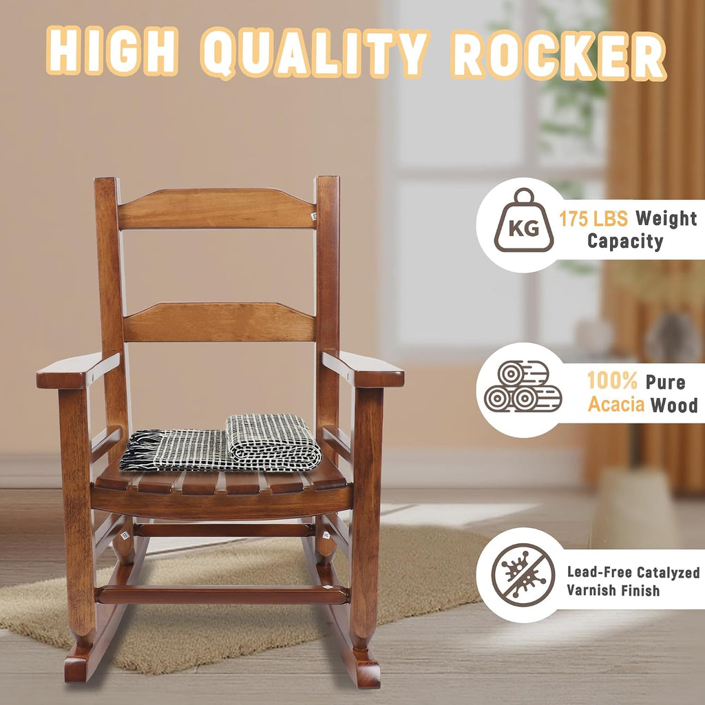Kids Rocking Chair Toddler Wooden Indoor for Child Comfy Recliner Rocker for Baby Ages 3-6 Outdoor Lounge Children Playroom Anti-Tip Design Safe & Sturdy Brown
