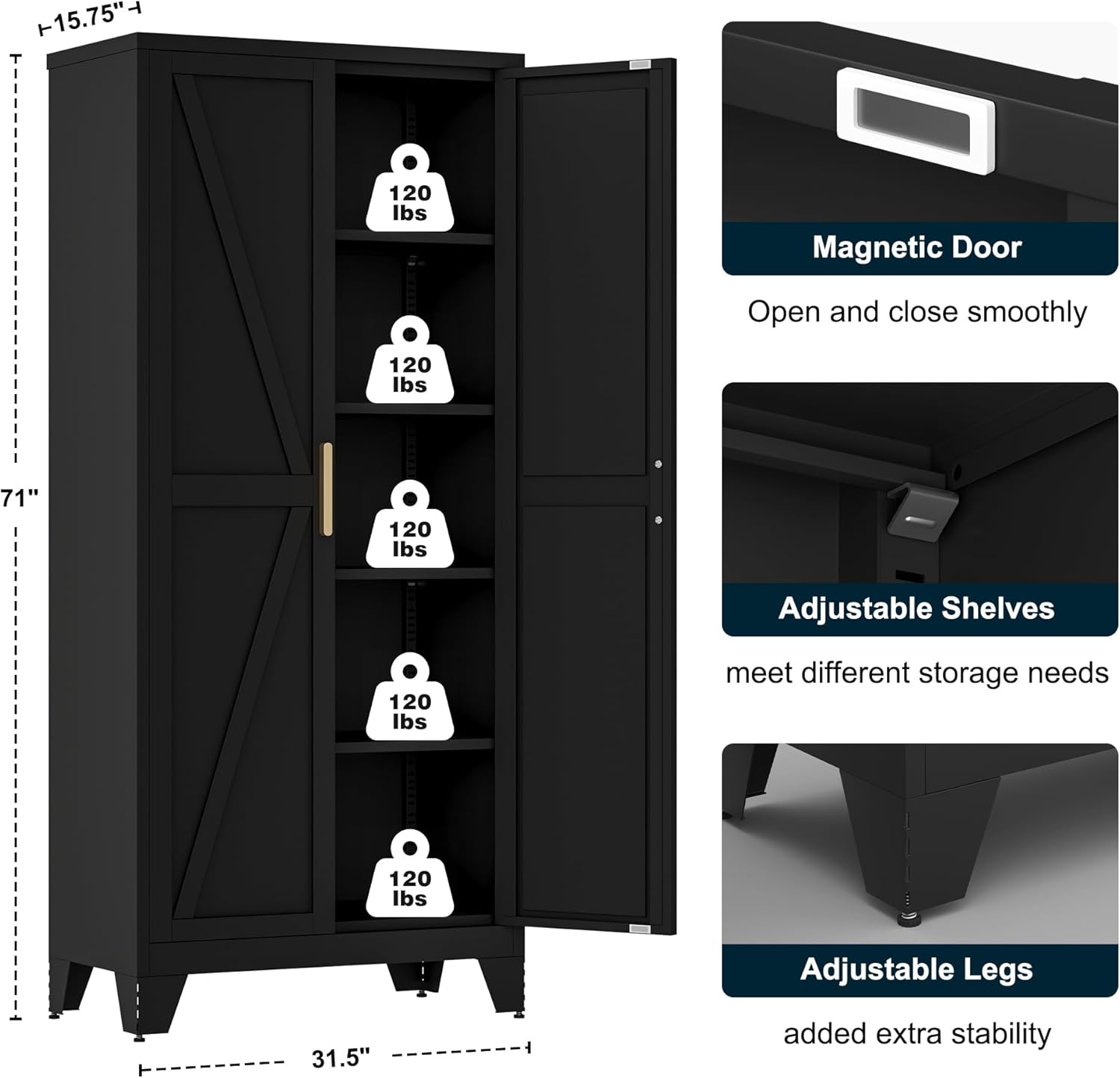 LCAOPC 71" Tall Metal Storage Cabinet with 2 Doors and 4 Adjustable Shelves, 5-Tier Kitchen Pantry Storage Cabinet for Kitchen, Living Room, Dining Room and Office, Black