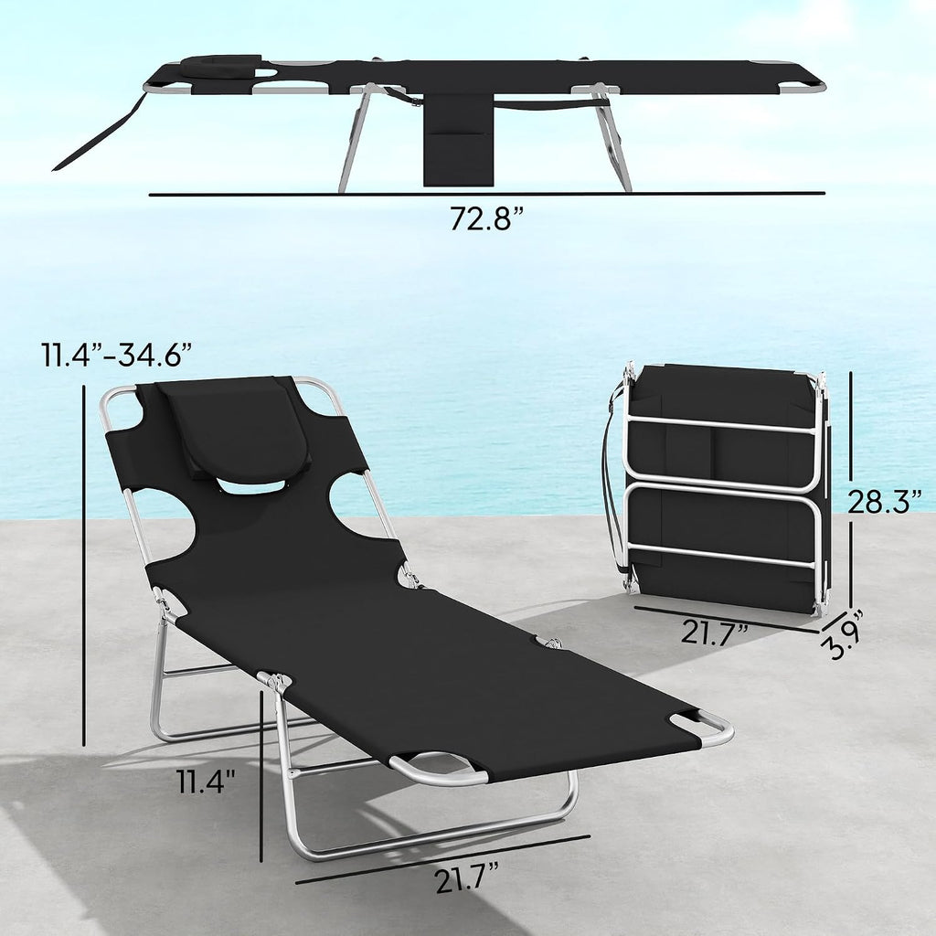Outsunny Chaise Lounge Chair Outdoor Set of 2 with Face Arm Hole, 5-Position Reclining Face Down Tanning Chair with Carry Strap, Side Pocket, Portable Folding Bed Cot for Patio Beach Pool, Black