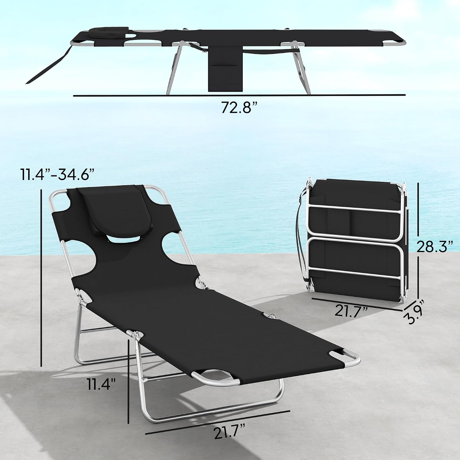 Outsunny Chaise Lounge Chair Outdoor Set of 2 with Face Arm Hole, 5-Position Reclining Face Down Tanning Chair with Carry Strap, Side Pocket, Portable Folding Bed Cot for Patio Beach Pool, Black