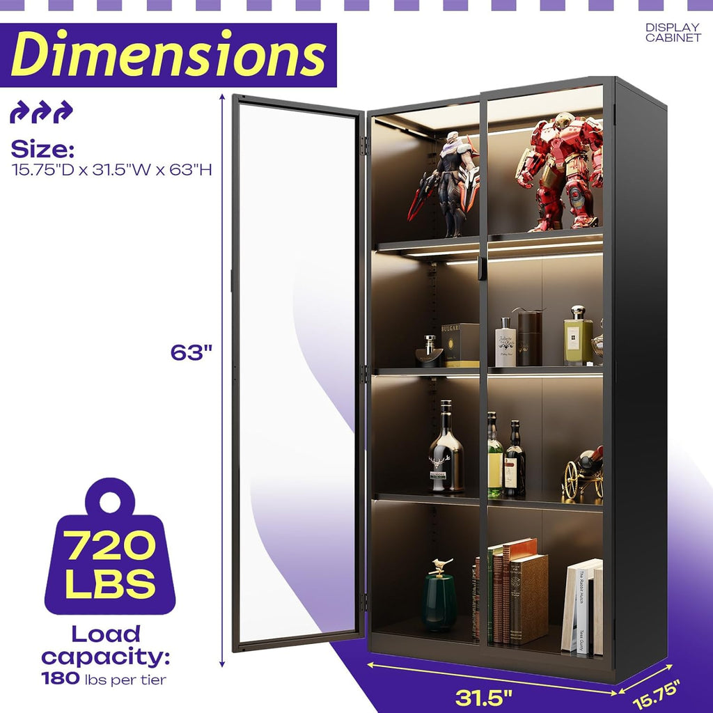 Display Cabinet with Glass Doors, 4-Tier Curio Cabinet with 3 Color Lights,Glass Display Case for Collectibles with Adjustable Shelves-Toys,Books,Figures,Exhibit(63" Black)