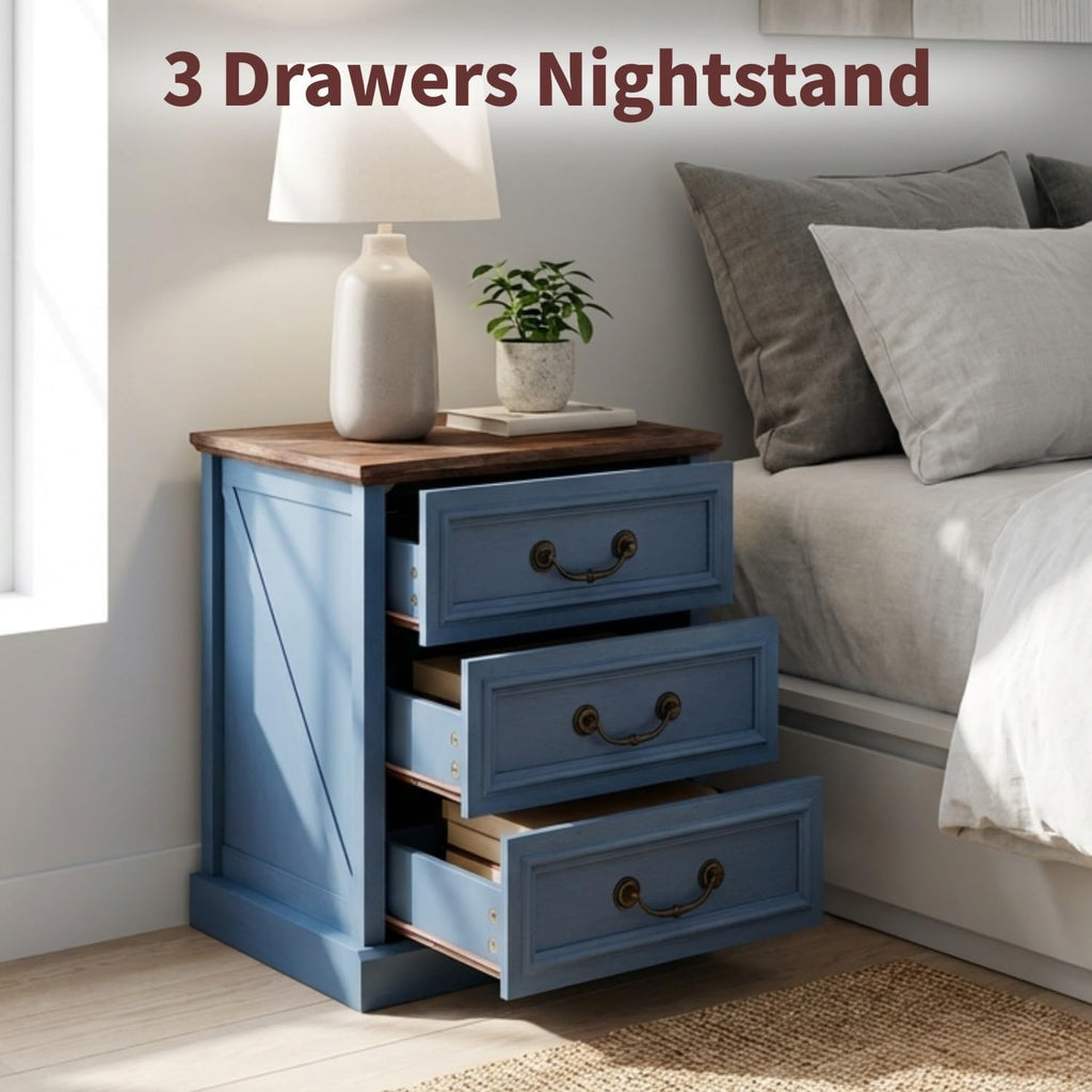 Vipbear Nightstand with Charging Station Set of 2, 22.4" Wide Farmhouse End Table, 3 Drawers for Bedroom, Wood Bedside Table with USB-C & AC Outlets, Side Tables for Living Room, Blue