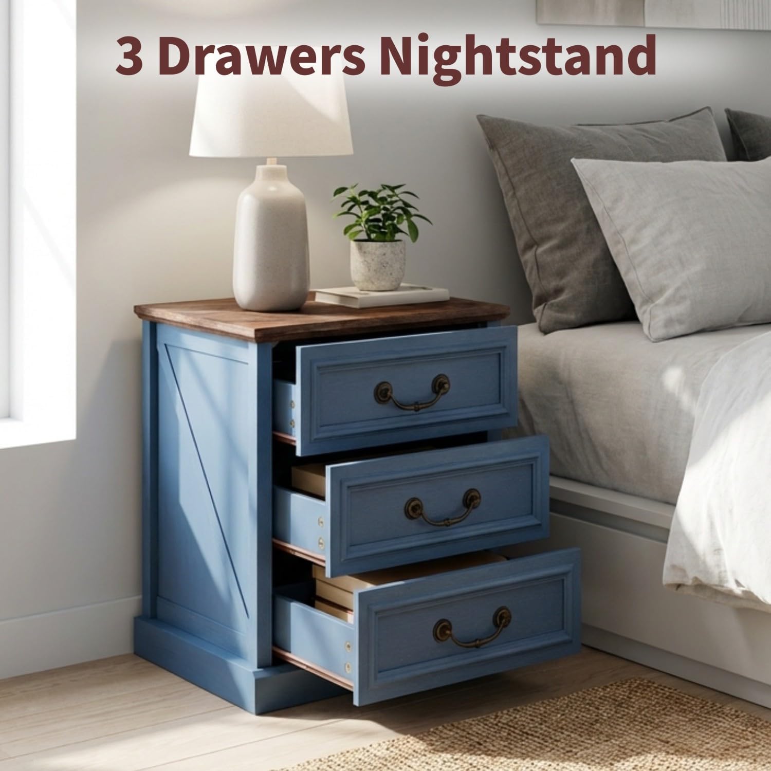 Vipbear Nightstand with Charging Station Set of 2, 22.4" Wide Farmhouse End Table, 3 Drawers for Bedroom, Wood Bedside Table with USB-C & AC Outlets, Side Tables for Living Room, Blue