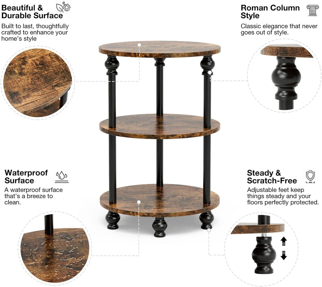 Small Round Side Table - 3 Tier Accent End Table for Narrow Spaces, Sturdy Metal Frame with Wood Finish and 44 Lbs Capacity per Shelf, Nightstand or Bedside Use for Living Room, Rustic Brown