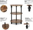 Small Round Side Table - 3 Tier Accent End Table for Narrow Spaces, Sturdy Metal Frame with Wood Finish and 44 Lbs Capacity per Shelf, Nightstand or Bedside Use for Living Room, Rustic Brown