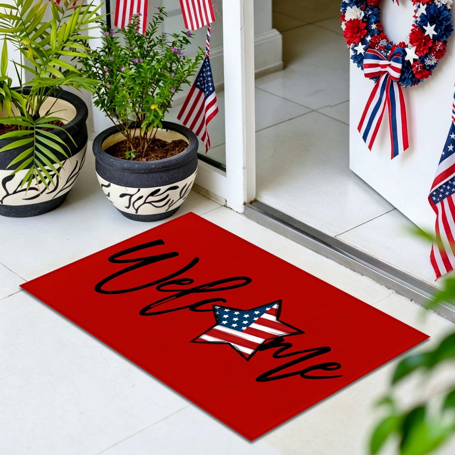 Patriotic 4th of July Doormat Red American Flag Stars,Independence Day Home Decor Memorial Day Doormat Anti-Slip Rubbe for Indoor Outdoor Decorations 17x29 Inch