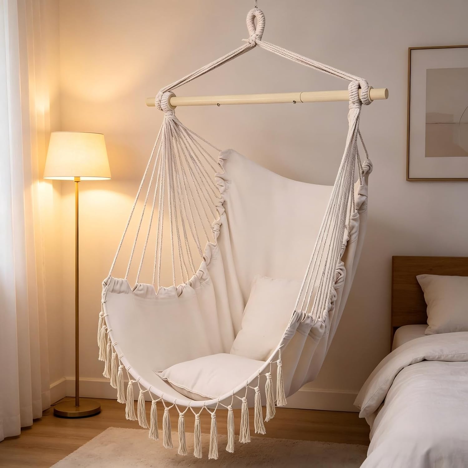 Hammock Chair Hanging Swing, Easy Install Indoor Outdoor Swing Chair with Cushions, Foldable for Bedroom Dorm Camping Patio