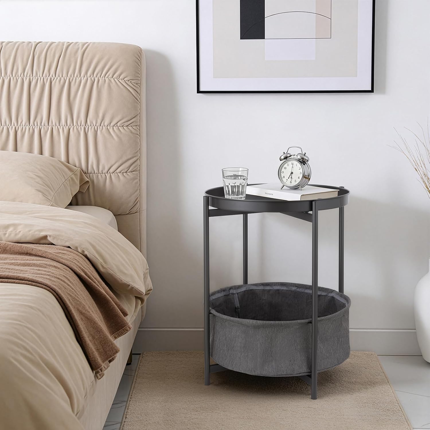 Round Side Table with Fabric Storage Basket, Metal Nightstand with Removable Tray Top, for Living Room, Bedroom, Nursery, Bathroom