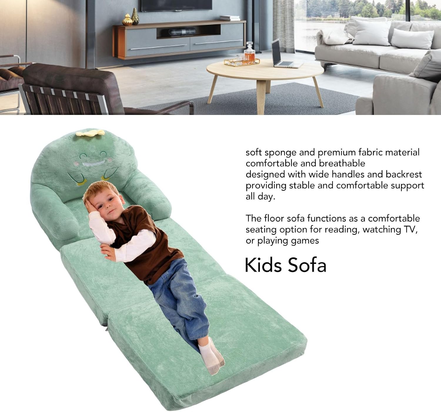 Cartoon Green Dinosaur Kids Sofa, Foldable Toddler Chair with Wide Handle, Soft Breathable Mini Couch for Reading, Relaxing, Sleeping (Folding in Thirds)
