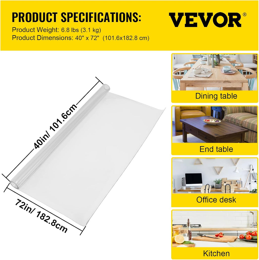 VEVOR Plastic Table Cover 40 x 72 Inch, 1.5 mm Thick Clear Table Protector, Rectangle Clear Desk Mat, Waterproof & Easy Cleaning for Office Dresser Night Stand
