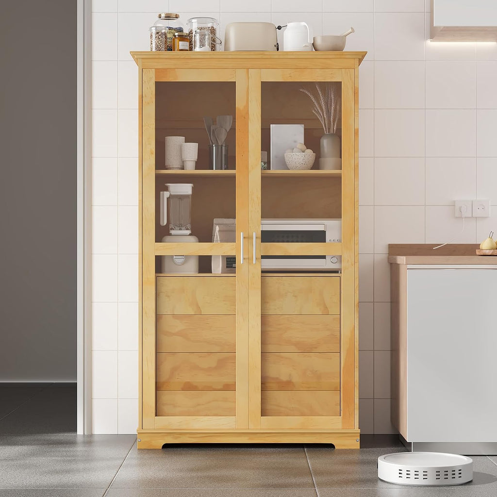Kitchen Pantry, Freestanding Kitchen Cupboard Versatile Display Cabinet Coffee Bar Storage Cabinet with Glass Doors and 4 Built-in Drawers for Living Room, Home Office