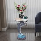 Artistic Dolphin Accent Table, Faux Marble Round Side Table, Playful Ocean Sculptural Pedestal End Table for Living Room Coastal Beach House Decor