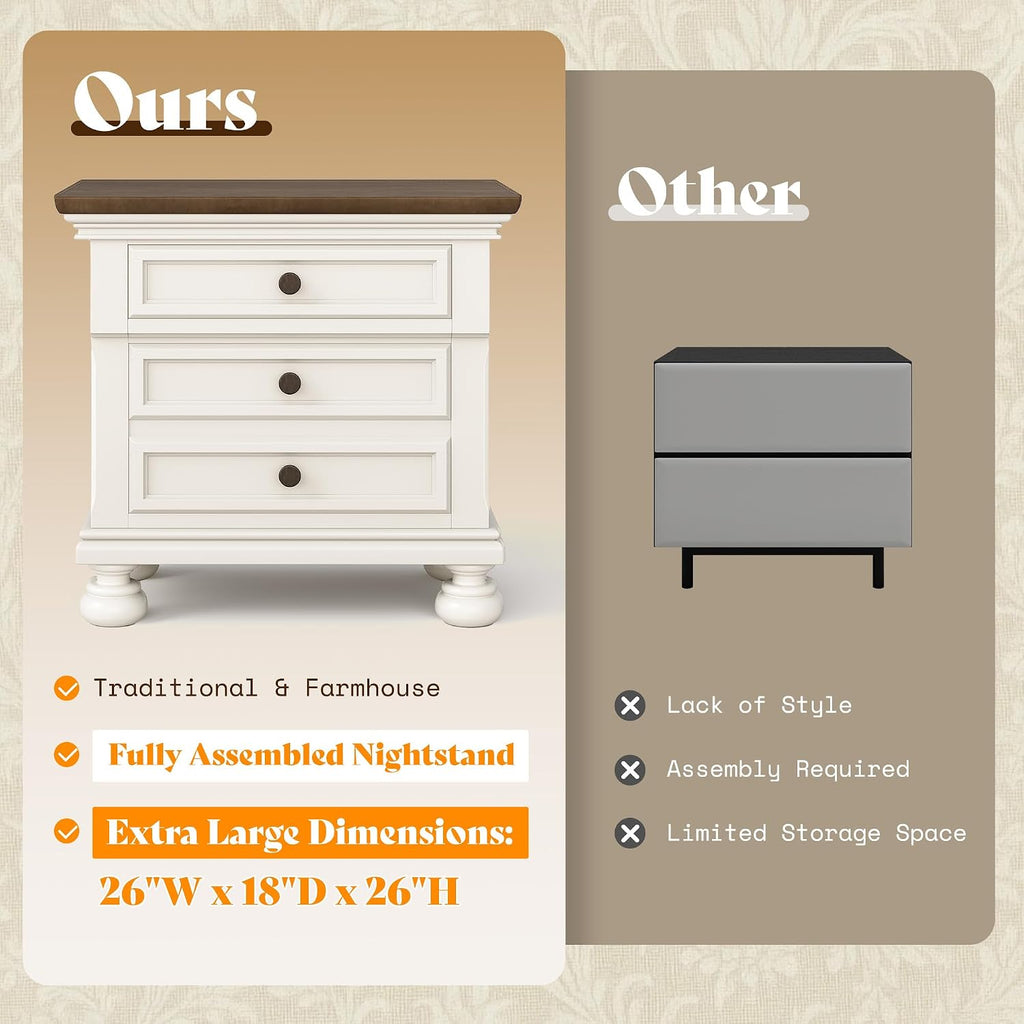 AMERLIFE Fully Assembled Nightstands Set of 2, Solid Wood End Tables | 26" Extra Large Beside Table with 2 Storage Drawers, Traditional Bedside Cabinet for Bedroom, White