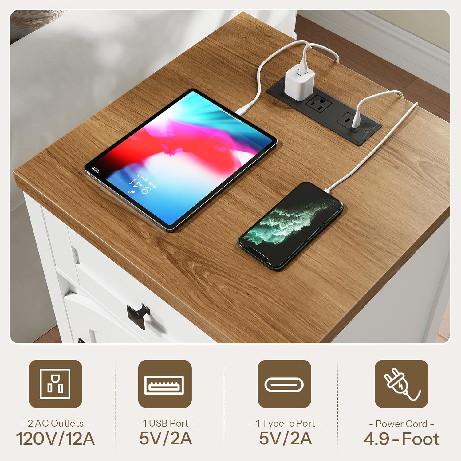 HOOBRO Farmhouse End Table with Charging Station, End Tables Living Room with Drawer, Rustic Nightstand with Arched Barn Door, Wooden Sofa Side Bedside Table, White and Walnut WH406UBZ01