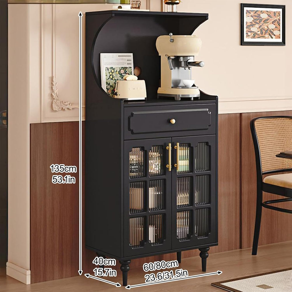 Kitchen Pantry Cabinet, Tall Storage Cabinet, Arched Bookshelf Bookcase, Coffee Bar Workstation, Tall Food Pantry Funiture for Living Room,Dining Room(Black,135x80cm/53.1x31.5in)