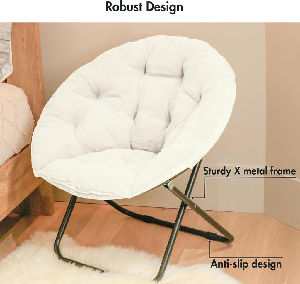 Comfy Faux Fur Saucer Chair for Adults, Foldable Moon Chair with Metal Frame, Soft Padded Lounge Chair for Bedroom, Dorm & Gaming, Large Cozy Circle Chair for Teens & Adults (Off-White)