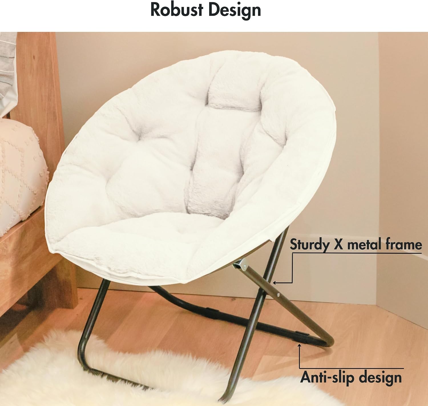 Comfy Faux Fur Saucer Chair for Adults, Foldable Moon Chair with Metal Frame, Soft Padded Lounge Chair for Bedroom, Dorm & Gaming, Large Cozy Circle Chair for Teens & Adults (Off-White)