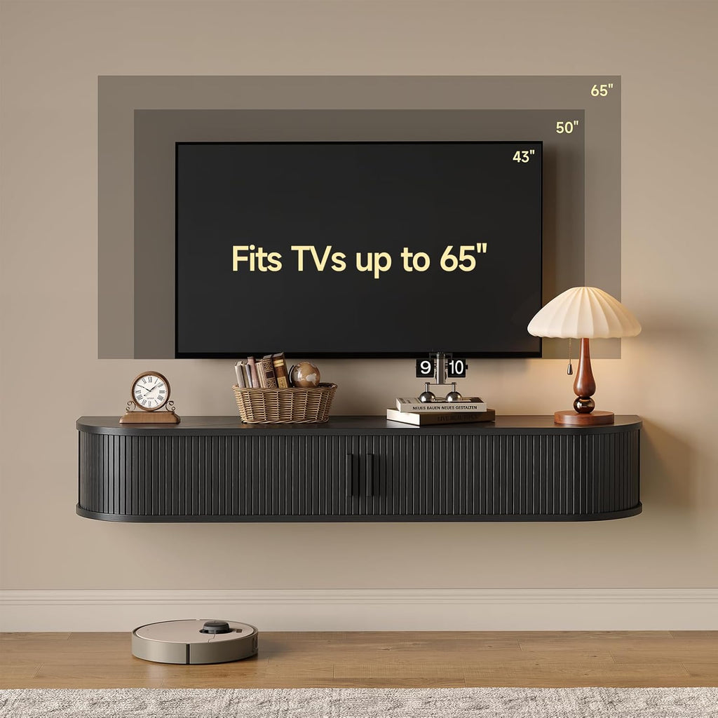 55" Floating TV Stand with Power Outlet for TVs up to 65", Fluted Entertainment Center with Remote Control for LED Lights, Mid-Century Modern TV Console w/Sliding Door for Living Room, Bedroom Black
