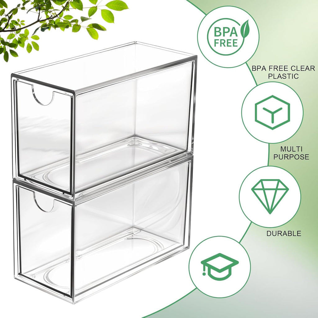 2 Pack Tea Bag Drawers Organizer - Clear Plastic Drawer Tea Bag Holder; Stackable & Portable, Wider Size, Well-Organized Storage for Tea Bags & Kitchen Essentials