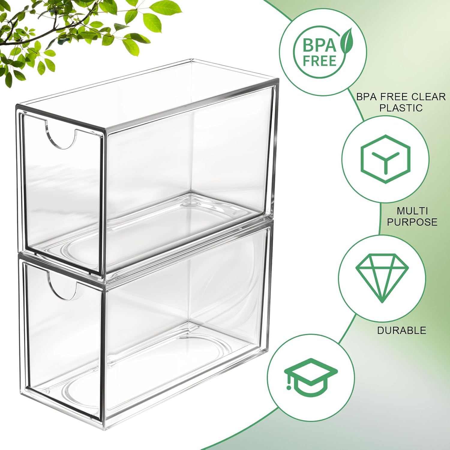 2 Pack Tea Bag Drawers Organizer - Clear Plastic Drawer Tea Bag Holder; Stackable & Portable, Wider Size, Well-Organized Storage for Tea Bags & Kitchen Essentials