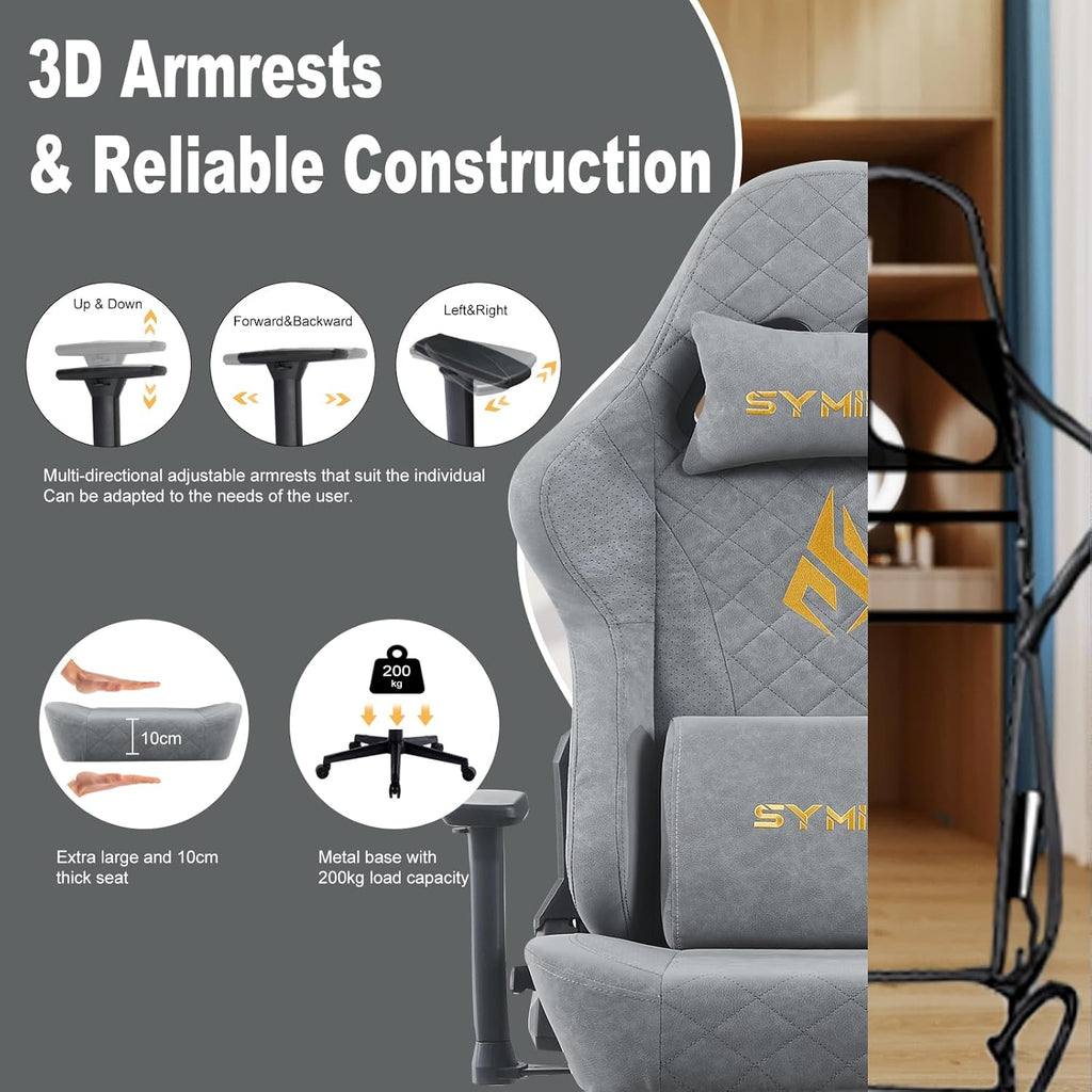 Symino Gaming Chair with Foot Rest, 3D Armrests PU Leather High Back Ergonomic Office Chair, 150° Recline Computer Desk Chair, Diamond Stitching, Grey