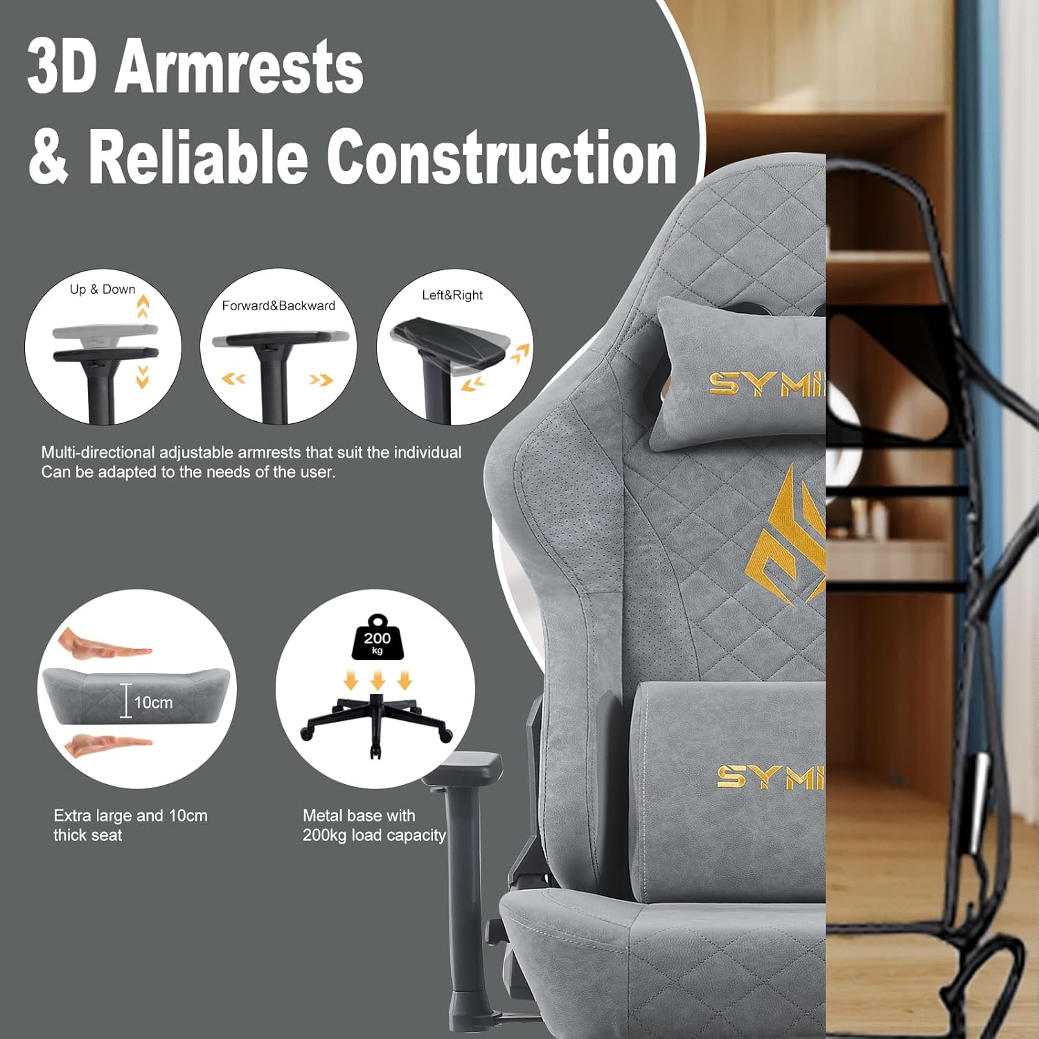 Symino Gaming Chair with Foot Rest, 3D Armrests PU Leather High Back Ergonomic Office Chair, 150° Recline Computer Desk Chair, Diamond Stitching, Grey