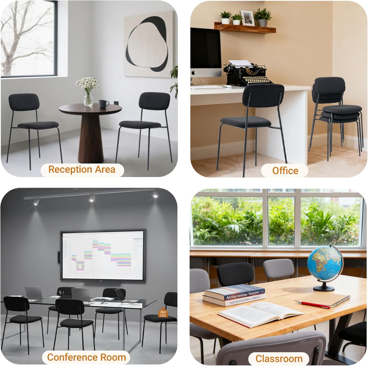 Sidanli Stackable Waiting Room Chairs, Armless Upholstered Guest Chairs Set of 4 with Comfotable Cushion for Conference Reception Break Room Lobby, Black