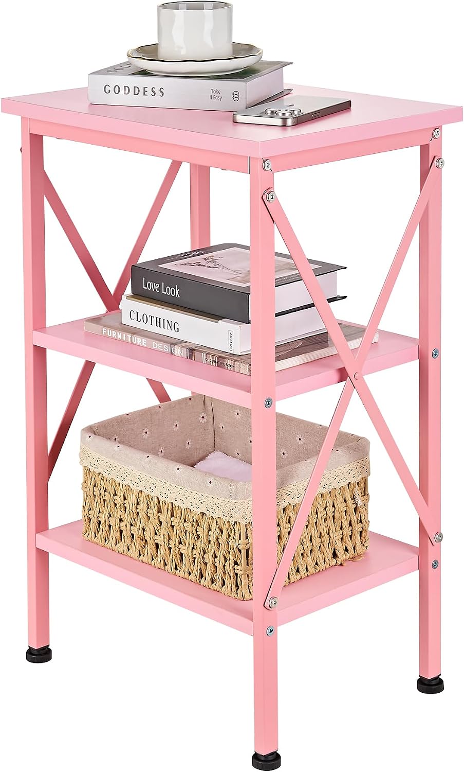 VECELO End Table, 24" Tall Living Room Side Tables, X-Design Reinforced Bedside Table, Nightstands with 3-Tier Storage Shelves for Small Spaces, Office, Bathroom, Bedroom, Pink, 1 Pack