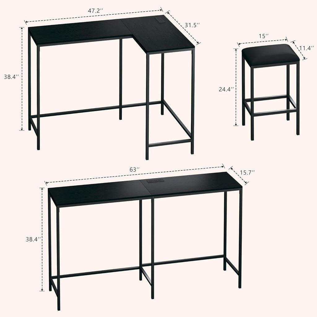 HUAHUU Bar Table and Chairs Set for 2-4, 63'' Convertible L-Shaped Kitchen Table with Power Outlets, 3 Piece Counter Height Small Dining Table with 2 Stools, Space Saving, Breakfast Nook Corner, Black