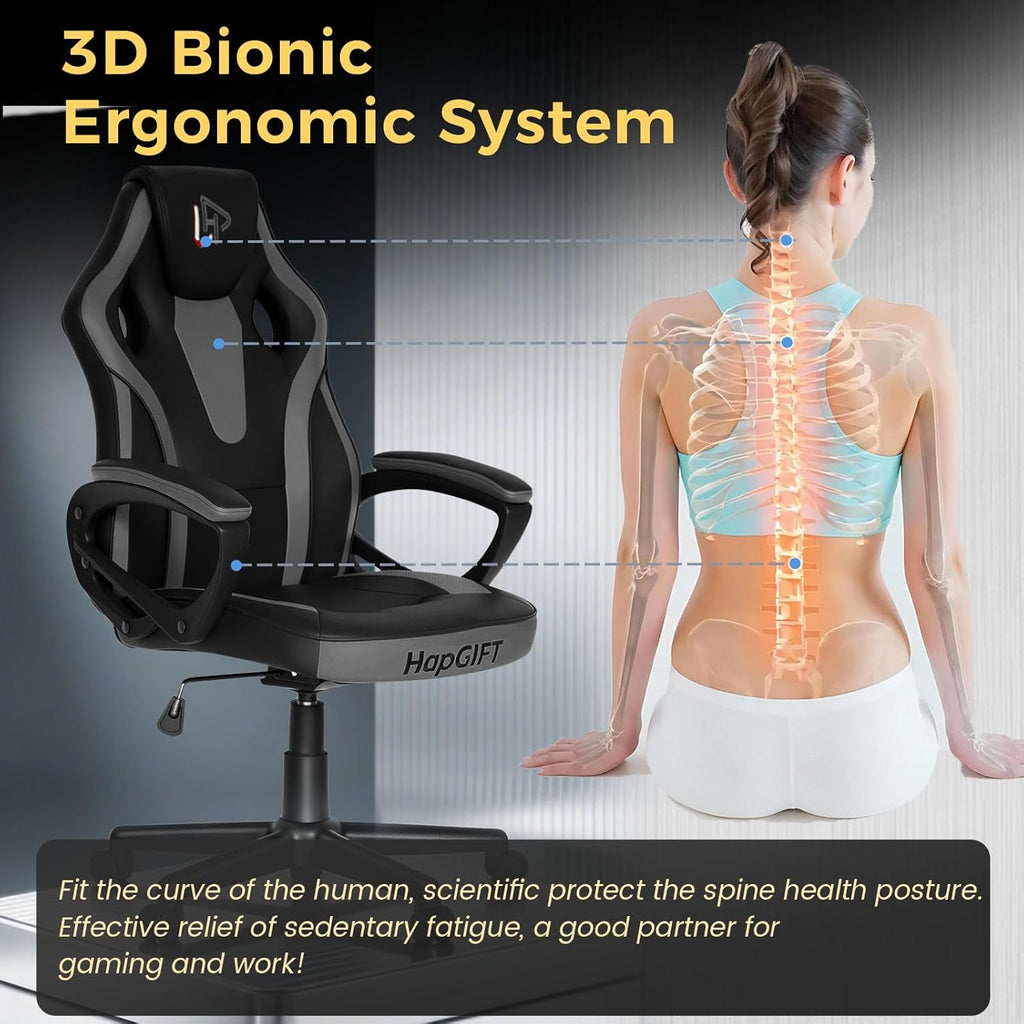 HapGIFT Office Chair, Home Office Chair with Link Armrest, Height Adjustable Computer Chair, Ergonomic PC Work Chair for Adults Teens, PU Leather Gaming Chairs, Gift, 300LBS (BLACK GREY)
