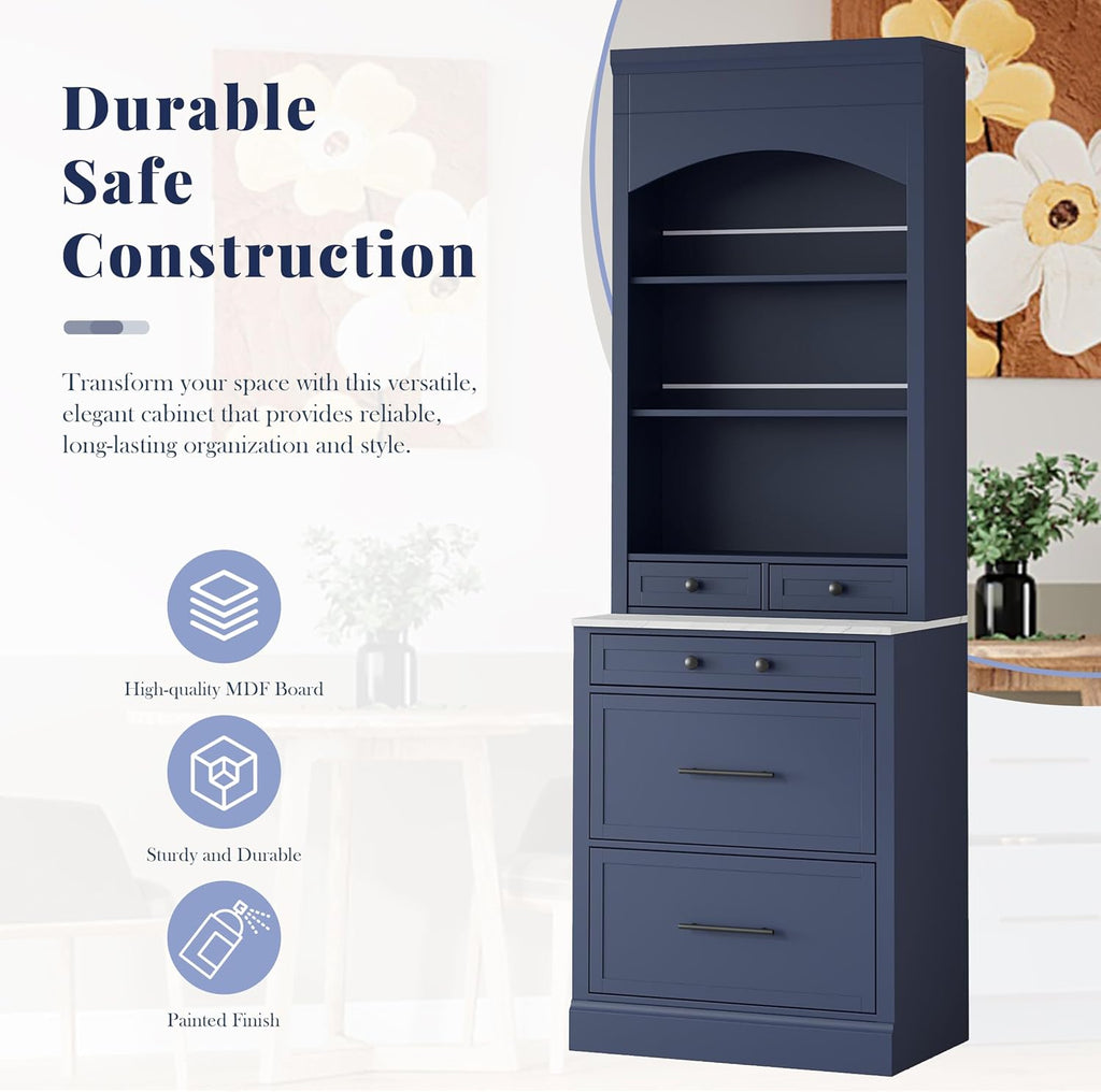 Merax 83.7” Tall Kitchen Pantry Cabinet, Storage Cabinets with 5 Drawers and Adjustable Shelves, Freestanding Kitchen Hutch with Faux Marble Top, Bathroom Storage Cabinet, Blue