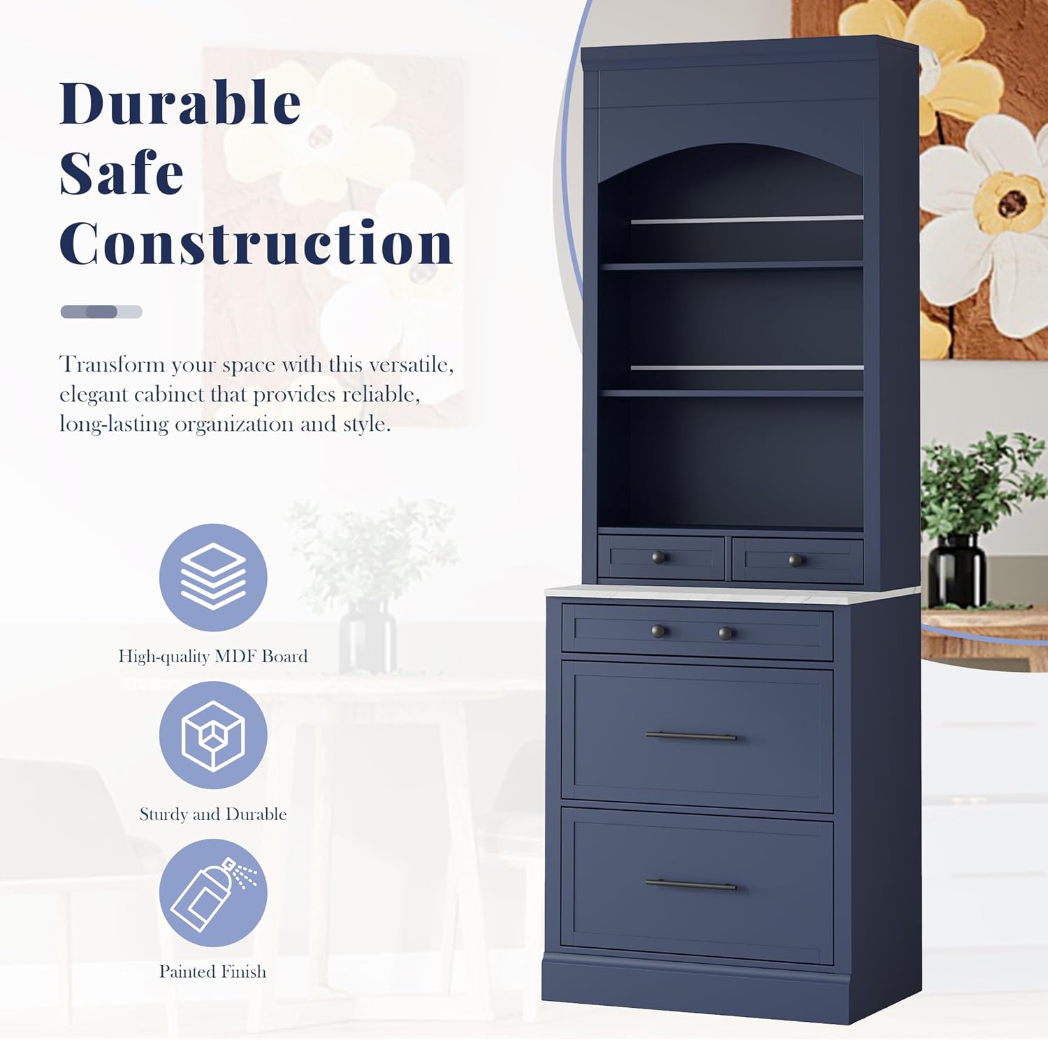 Merax 83.7” Tall Kitchen Pantry Cabinet, Storage Cabinets with 5 Drawers and Adjustable Shelves, Freestanding Kitchen Hutch with Faux Marble Top, Bathroom Storage Cabinet, Blue