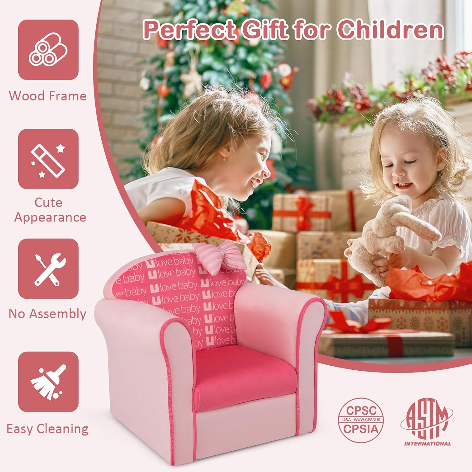 Costzon Kids Pink Couch, Children's Sofa Upholstered Armchair with Velvet Surface & High-Density Sponge, Lightweight Preschool Toddler Chair for Boys Girls, Bedroom Playroom Gift Presents