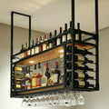Wall Mounted Wine Rack with LED Light, Hanging Wine Bottle Holder Ceiling, 2-Layer Liquor Bottle and Glass Holder Display Storage,for Home Kitchen Din ing Room Living Room (55.11in/140cm)
