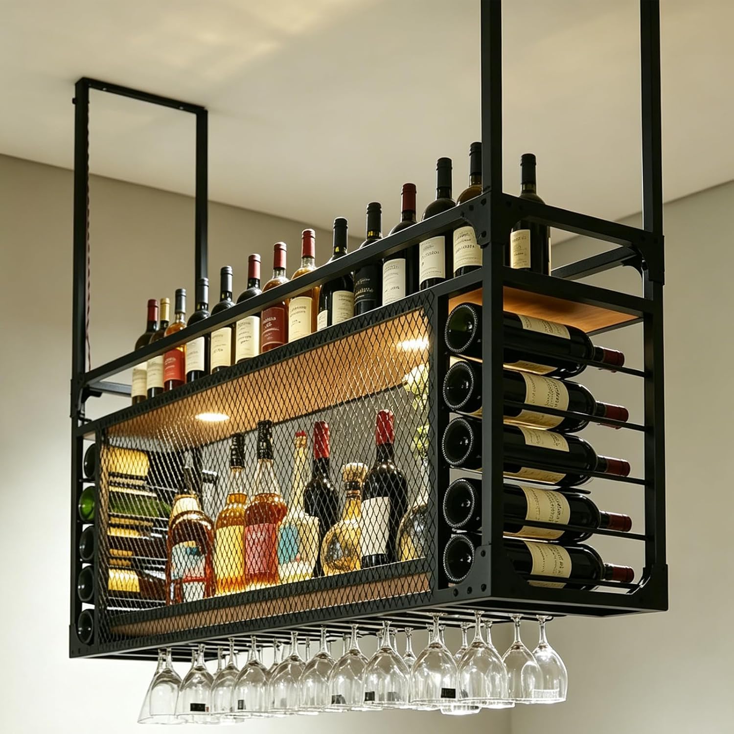 Wall Mounted Wine Rack with LED Light, Hanging Wine Bottle Holder Ceiling, 2-Layer Liquor Bottle and Glass Holder Display Storage,for Home Kitchen Din ing Room Living Room (55.11in/140cm)